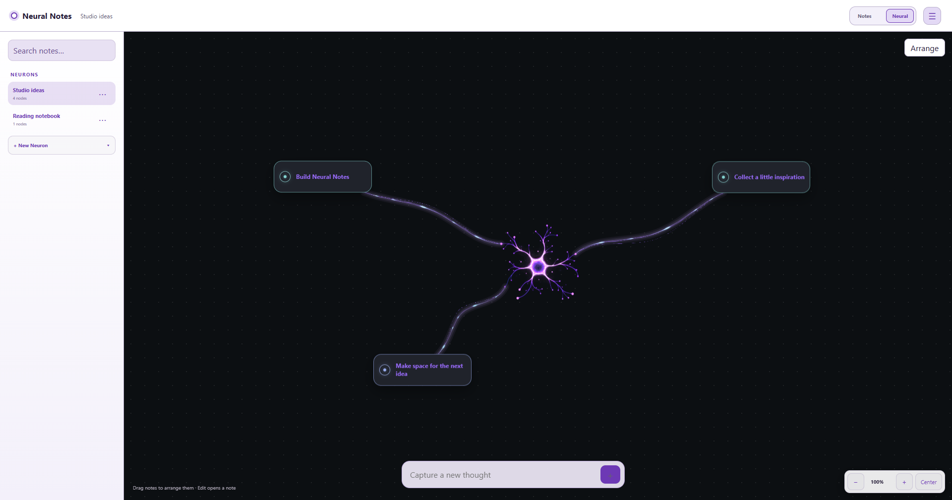 Neural Notes canvas showing connected notes for a creative project