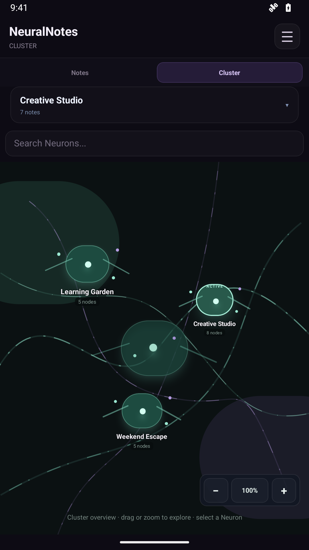 Actual Android screenshot: Creative Studio, Learning Garden, and Weekend Escape in the Neural Notes cluster