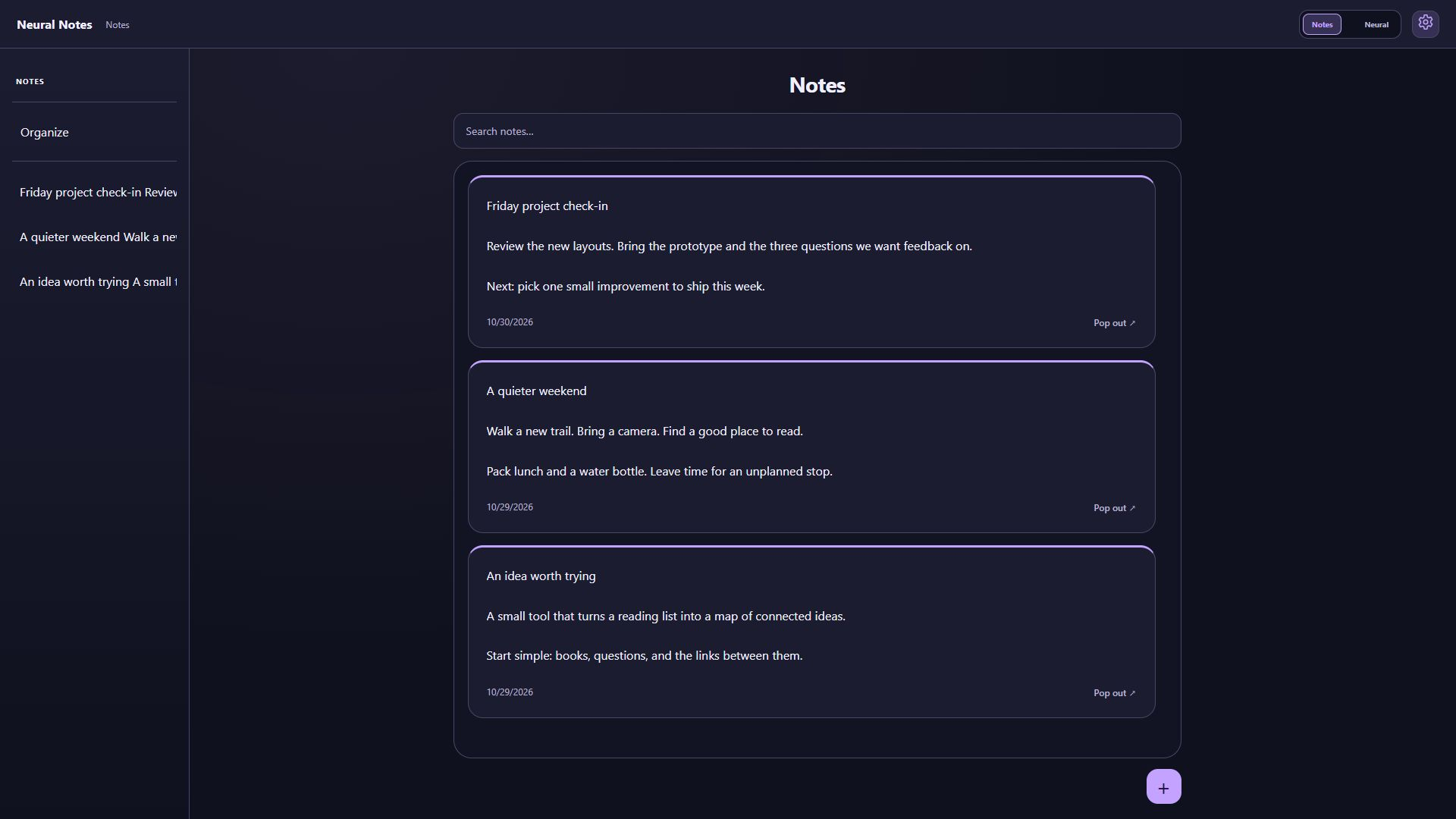 Notes view showing a project check-in, weekend plans, and an idea for a small tool